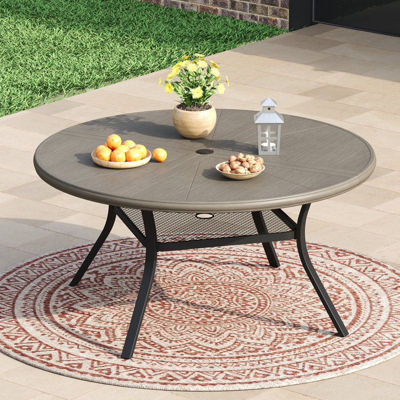 6-Person Aluminum Round Patio Dining Table, Brush Wood Gray