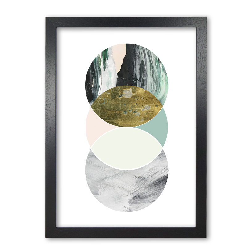 Textured Peach, Green And Grey Abstract Circles - Print, 42 cm H x 30 cm W x 5 cm D, Black Grain Frame