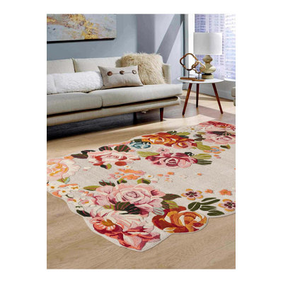 Priyank Pink Floral Digital Print Cotton Polyester Non-Slip Area Rug