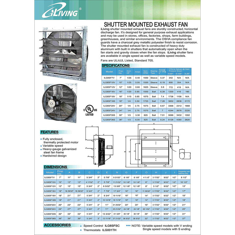 iLIVING - Ventilateur d'extraction à volet ILG8SF7V, 7 po - variable, argent