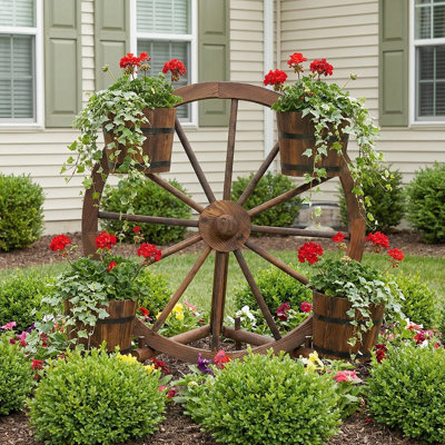 Rustic Wagon Wheel Barrel Planter - Decorative Wood Planter For Patio, Garden, Or Home