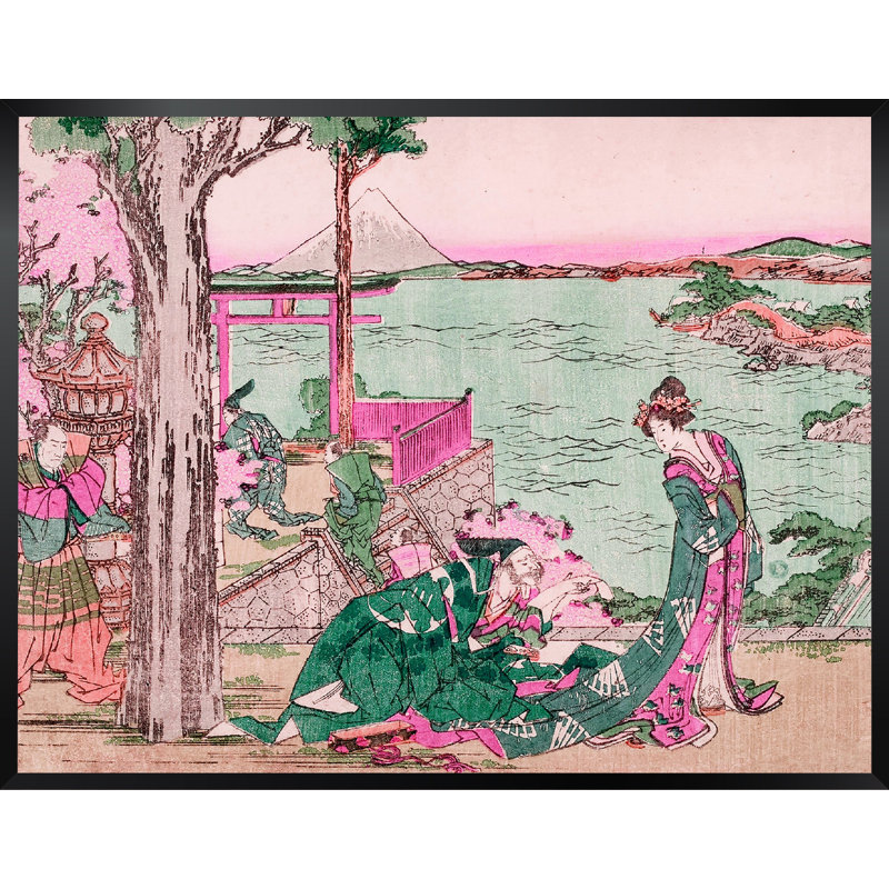 « japanese courtesan » par katsushika hokusai,, reproduction d’art encadrée de rose et de vert, H 14 po x l 18 po