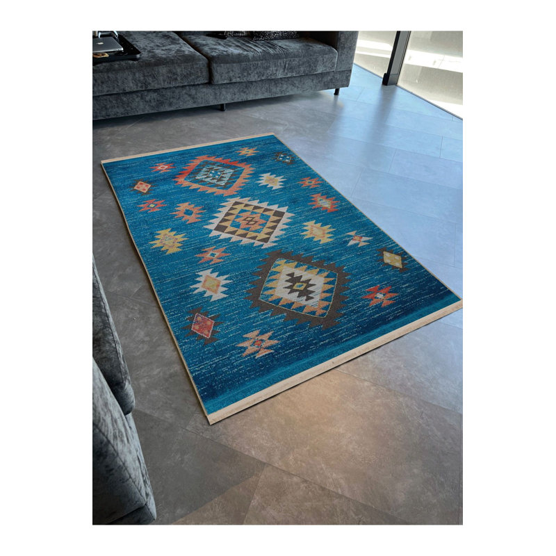 Blue Ethnic Geometric Motif Creative Vintage Decorative Washable Rug, Rectangle 3'3" x 4'11" Rug Pad Included