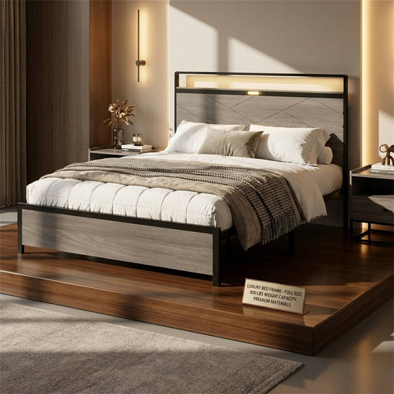 Cadre de lit double, cadre de lit plateforme en bois avec rangement, tête de lit éclairée par DEL et 2 ports USB, cadre de lit sans sommier nécessaire