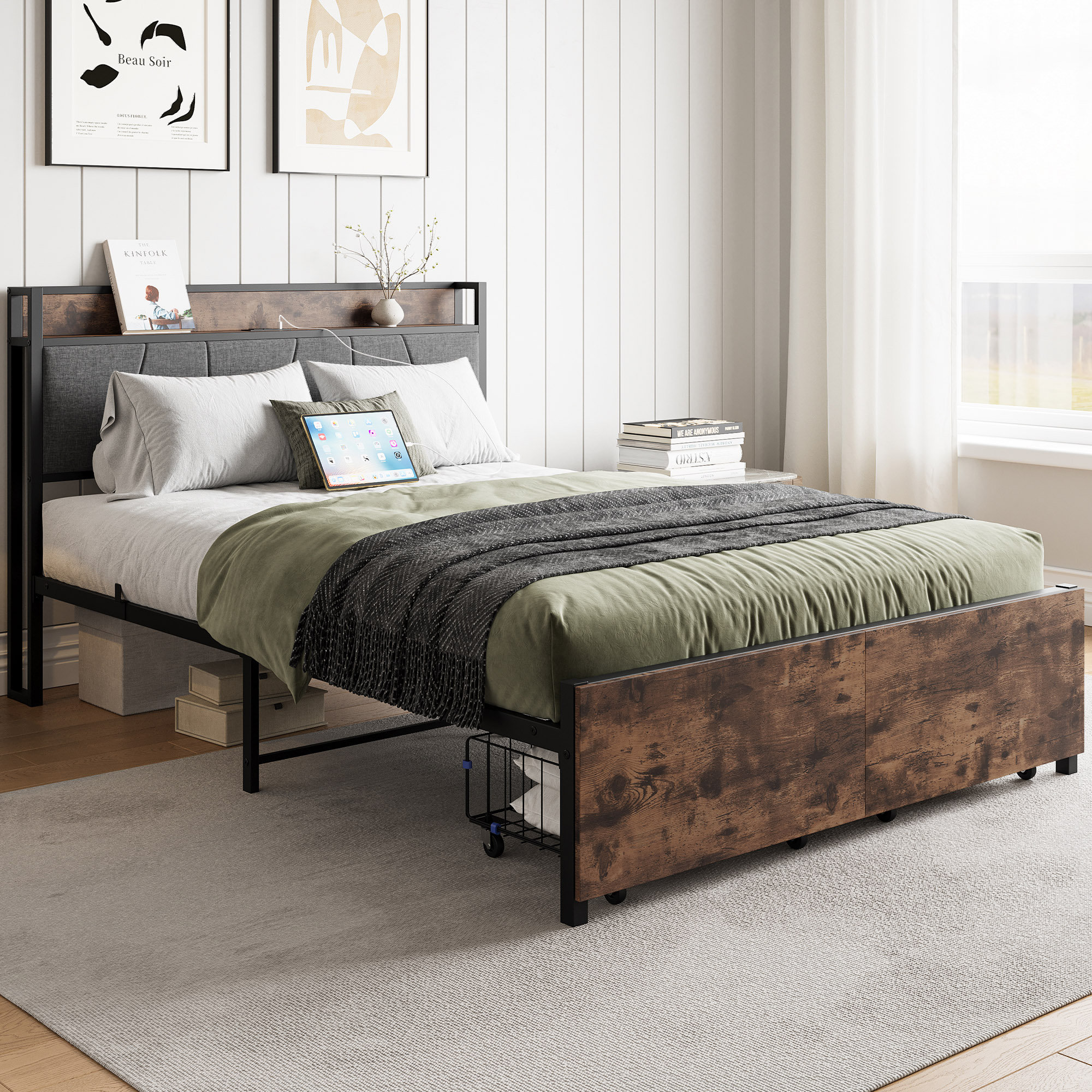 17 Stories Full Size Bed Frame, Storage Headboard With Charging Station ...