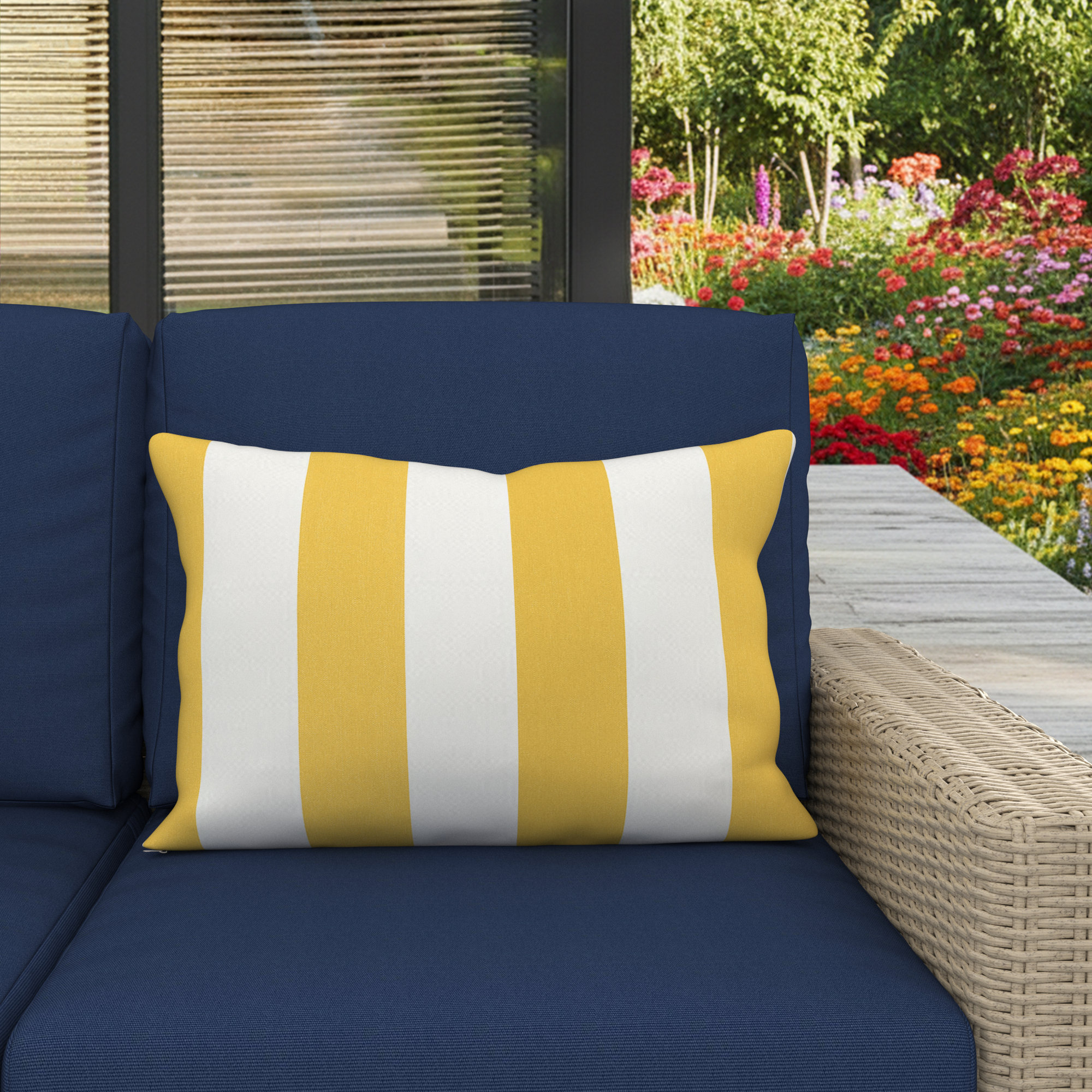 Amala Outdoor/Indoor Kidney Pillow, Sail away sunflower cabana stripe