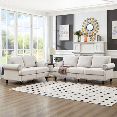 Canapé en tissu moderne moderne à 5 places dans le salon, revêtement, clous argentés sur une structure ronde en bois massif, housses de coussin amovibles, rangement 2 + 3 places pour chambre avec design, revêtement