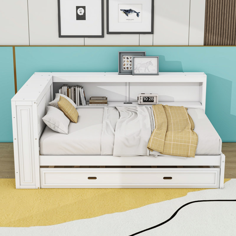 Full Wood Daybed with Twin Trundle, Shelves, Charging Station and LED Lighting, White
