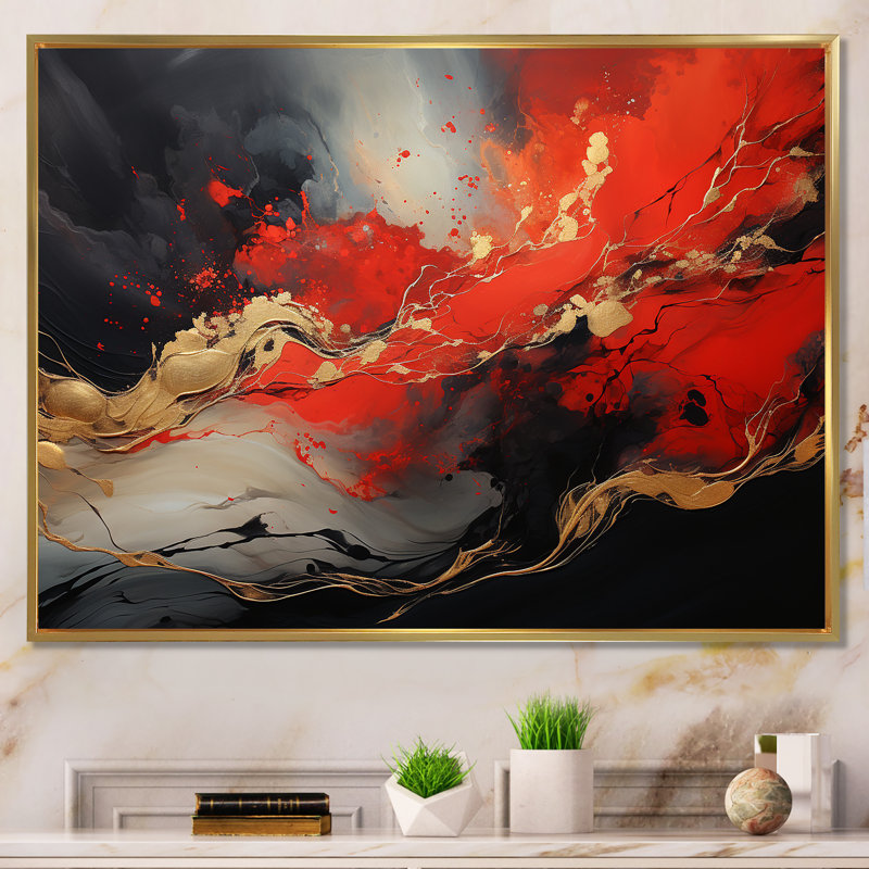 Volcan rouge et doré I - art mural abstrait, Cadre flottant doré, H 12 po x l 20 po x P 1 po