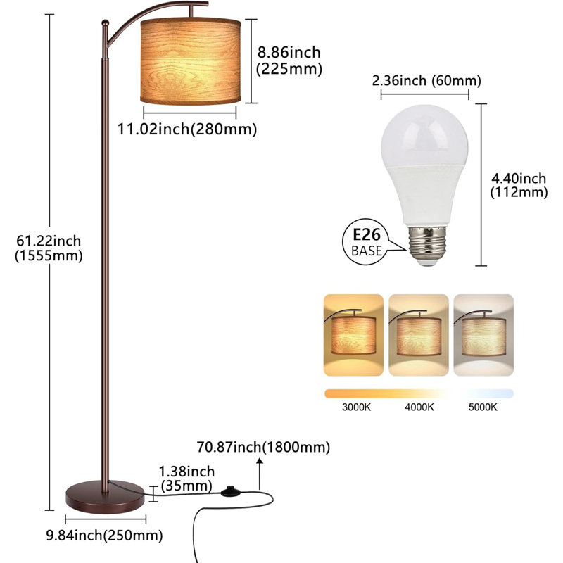 Floor Lamp For Living Room With 3 Color Temperatures LED Bulb, Standing Lamp Tall Industrial Floor Lamp For Bedroom, (9W LED Bulb, Wood Grain Pattern Lampshade Included) -Oil-Rubbed Bronze
