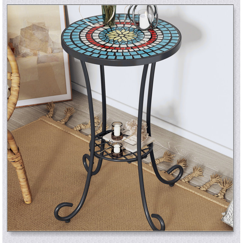 Patio Side Table with Shelf,Blue+Black