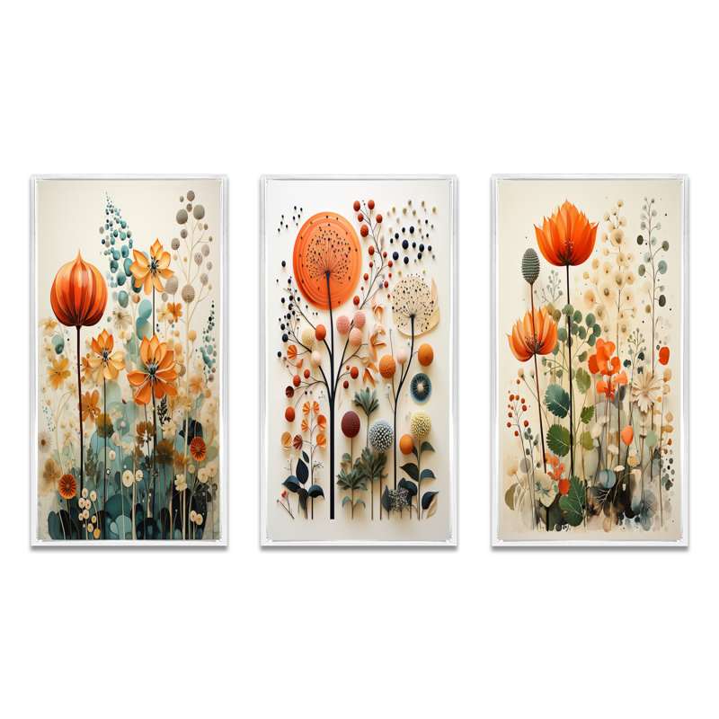 3 pièces sur toile - Botanicals Mid-Century colorés Mid-Century, Cadre flottant blanc, H 40 po x l 60 po