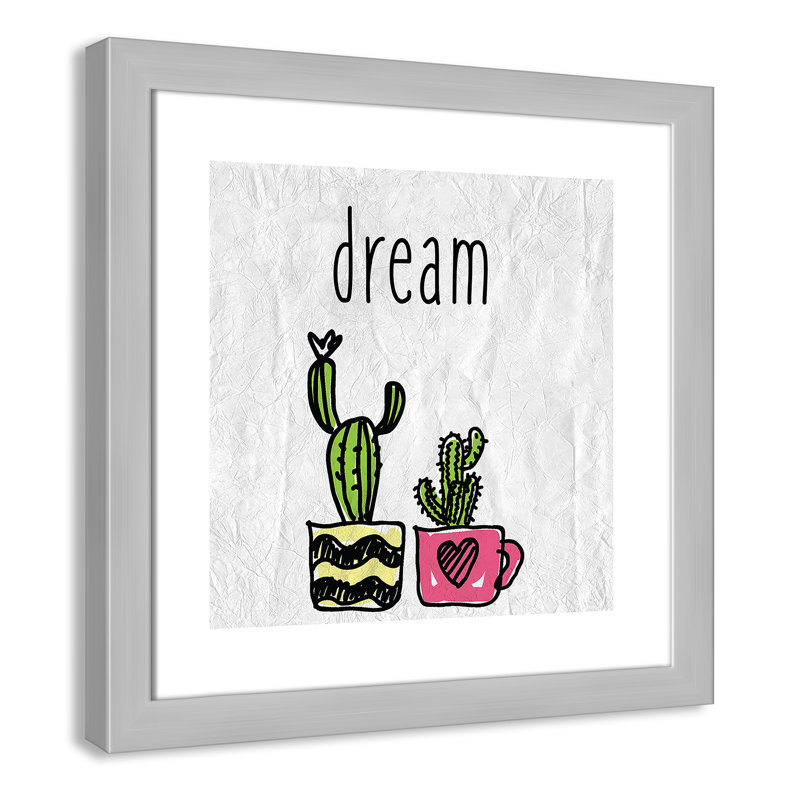 «Cacti A», art encadré, H 16 po x l 16 po x P 0,6 po, Encadré plat argent