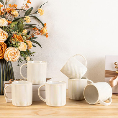 14.2oz Handmade Ceramic Coffee Mugs Set of 6 - With Handle, Reactive White - Microwave/Dishwasher Safe for Latte, Tea, Hot Cocoa & Drinks