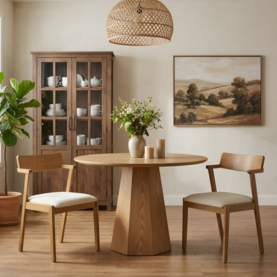 3-Piece Dining Set Mid-Century Modern Round Wooden Table & Upholstered Chair Set For Home, Kitchen, Dining Room
