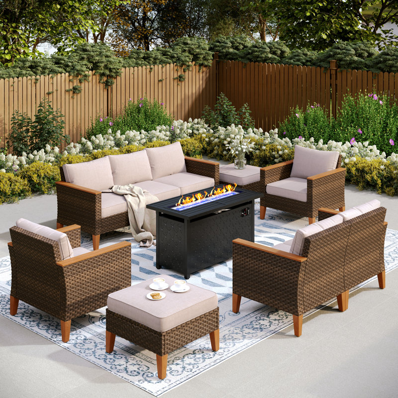 Lonsdale 9 - Person Wicker Outdoor Patio Conversation Furniture Sectional Set with Fire Pit Table, Beige