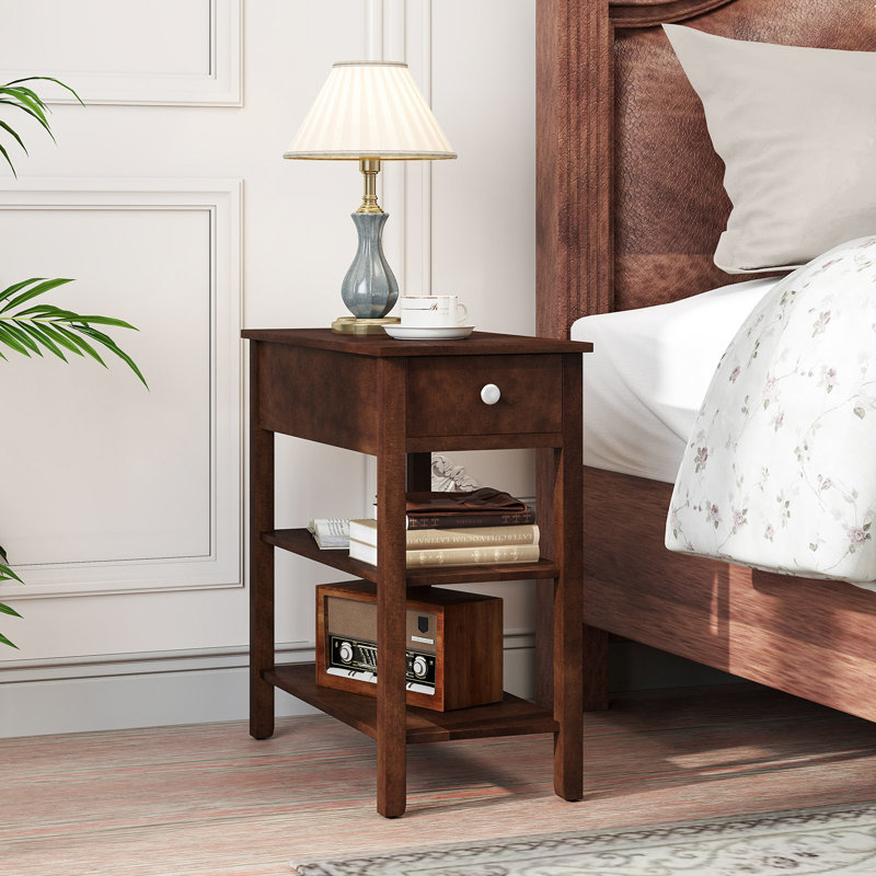 Narrow End Tables w/Drawer Shelves & Rubber Wood Legs Sofa Side Table Walnut, Walnut