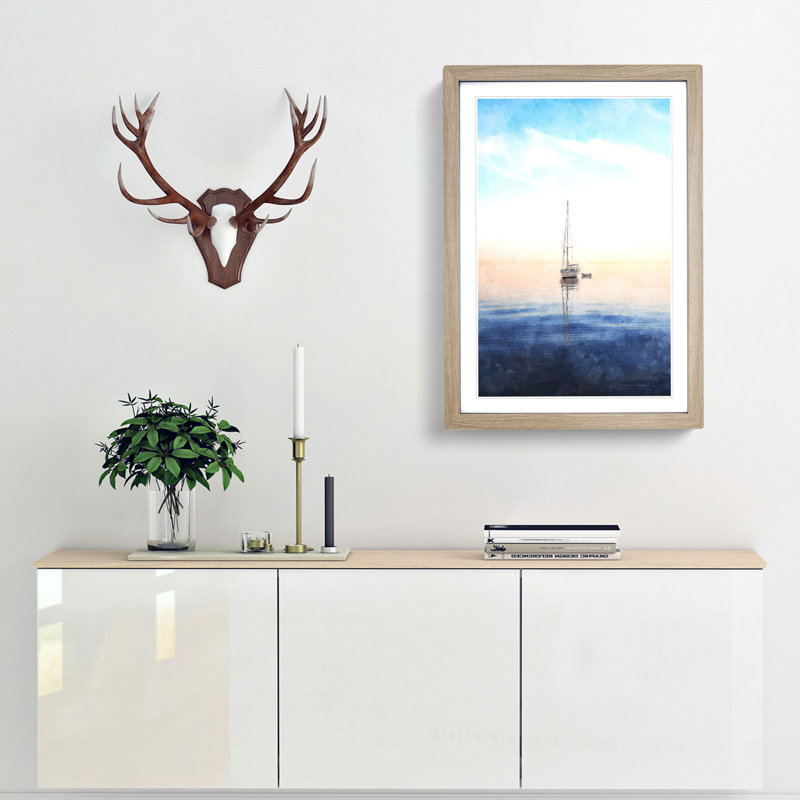 Lone Sailboat - Framed Print, 45cm H x 33cm W x 2cm D, Oak Framed