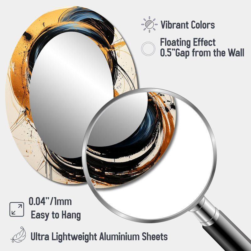 Cercle abstrait en tons de bleu et d'or I - miroir mural moderne noir ovale, 40 po x 30 po