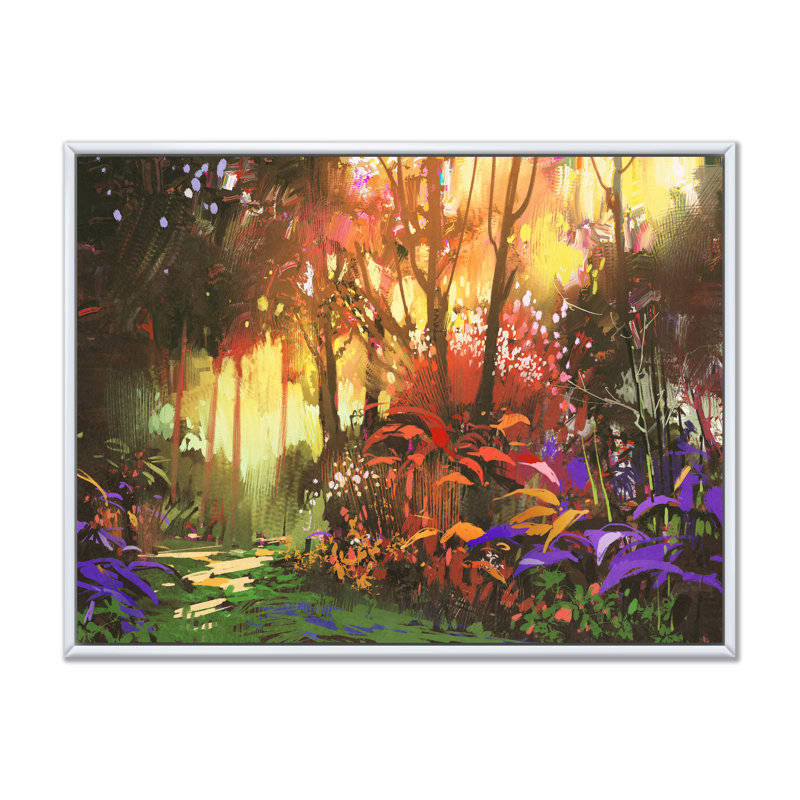 Peinture de jeu vidéo de forêt mystique - art mural moderne sur toile, H 16 po x l 32 po x P 1 po, Cadre flottant blanc