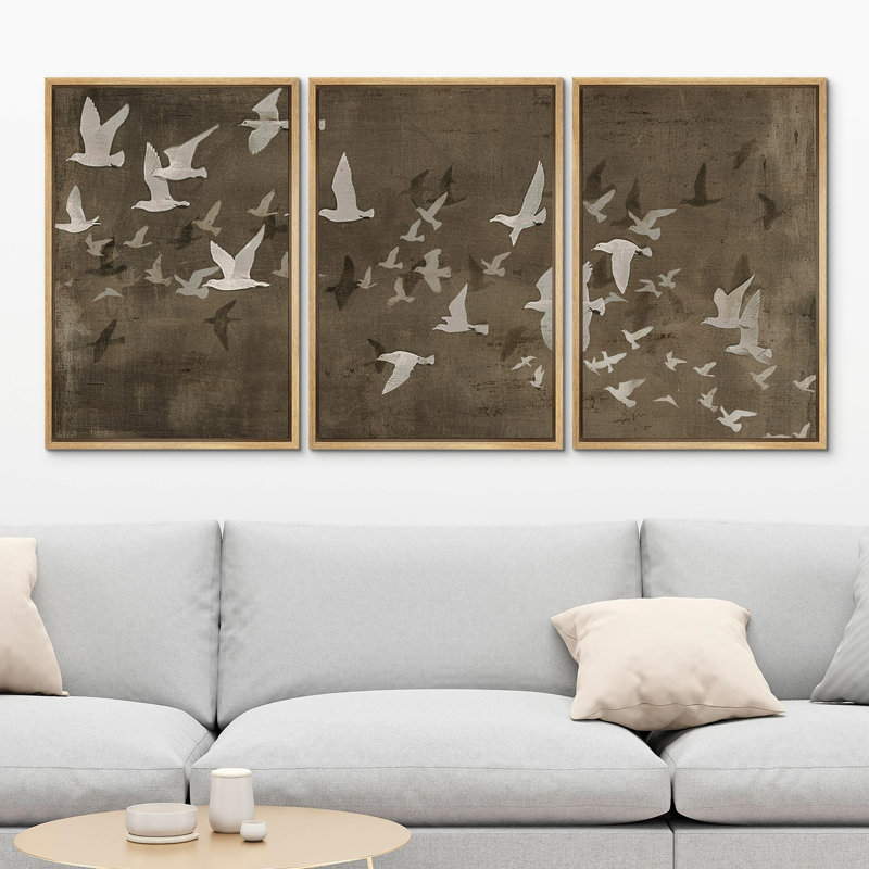 "Volée d'oiseaux abstraits en vol, tons terreux, illustrations bohème moderne", 3 pièces, Naturel