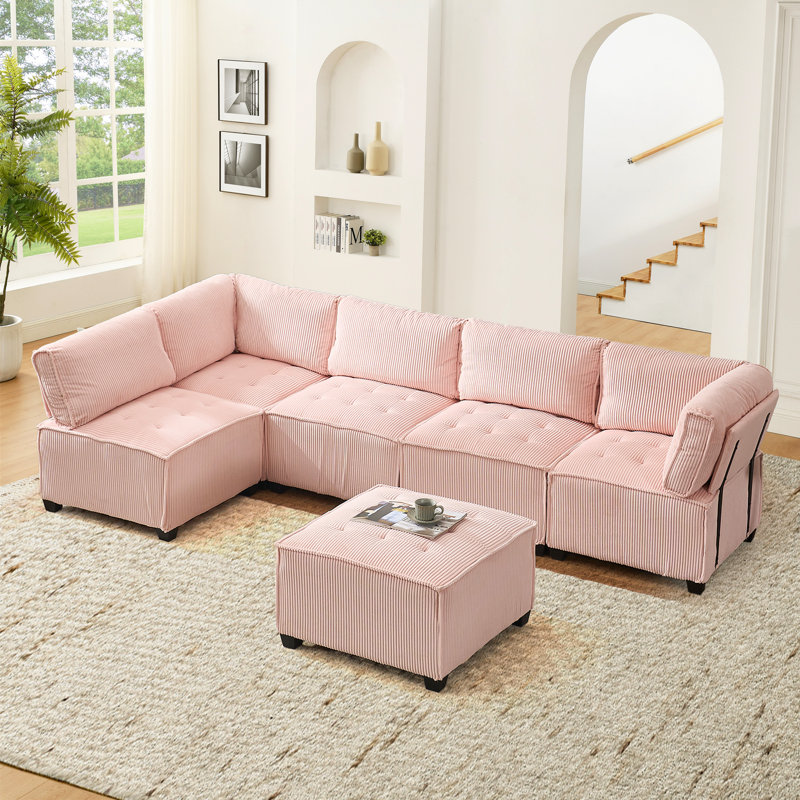 Arlynda 121.26"W Modular U-shape Sectional, RAF, LAF, Ottoman, Pink Corduroy