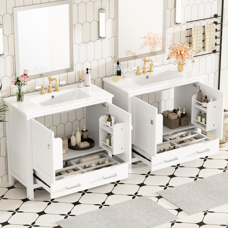 Meuble-lavabo de salle de bain blanc de 183 cm (72 pouces) avec lavabo double, tiroir compartimenté et poignées en alliage de zinc pour un style élégant. Mobilier moderne, lavabos en céramique, charnières à fermeture douce, rangement pour tous vos essentiels.
