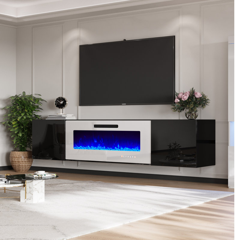 Bhhatu Highgloss Wall Mounted Floating Fireplace TV Stand, 80", Black/White