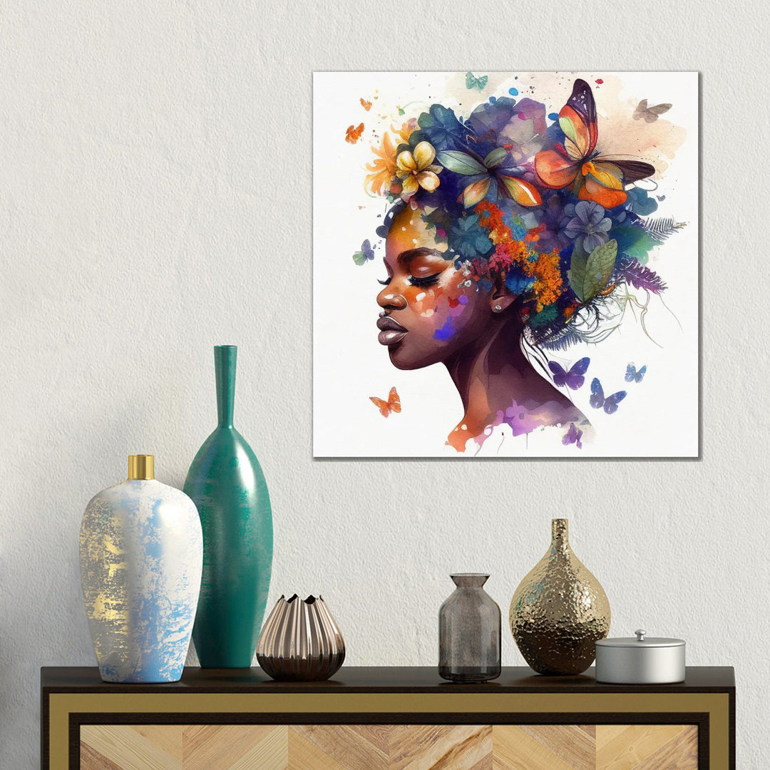 Aquarell Schmetterling Afrikanische Frau VII von Chromatic Fusion Studio - Galerie-verpackte Leinwand Giclée