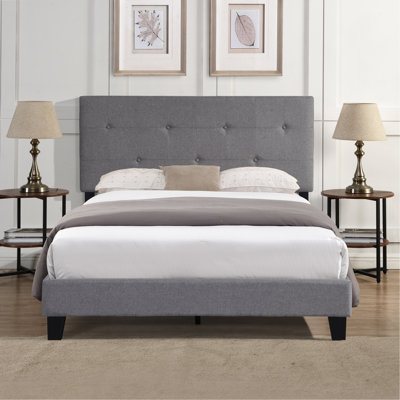 Lit double avec tête de lit élégante en lin gris, aucun sommier nécessaire, support à lattes de bois, méthode d'assemblage simple, cadre moderne requis, installation facile