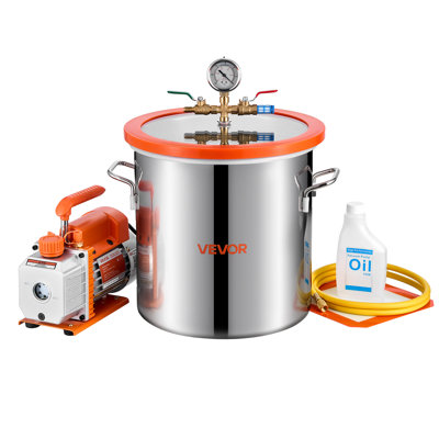 Chambre à vide de 5 gallons avec pompe, 3,5 pi3 / min, pompe à vide à une étape, ensemble de chambre de dégazage en acier inoxydable avec couvercle en verre trempé, tuyau de 5 pi, pour stabiliser la résine de silicone de dégazage du bois