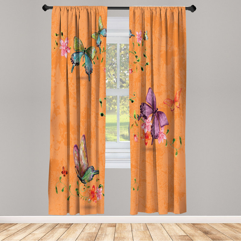 Microfiber Floral Semi-Sheer Rod Pocket Curtain Panels, 28" W x 63" L, Tangerine/Violet