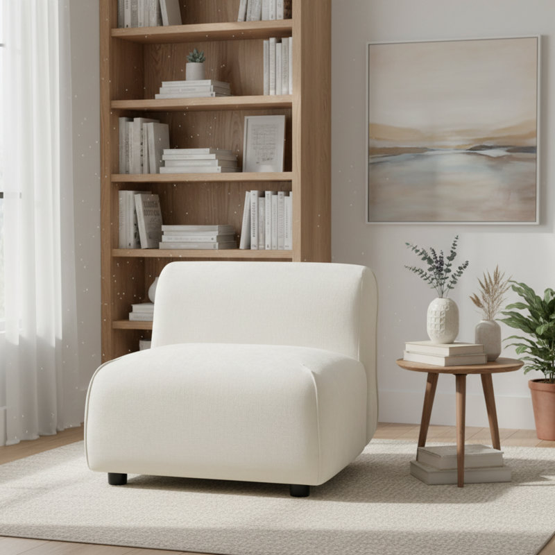 Fauteuil d'appoint ergonomique moderne, recouvert de bois massif beige, pour un usage domestique polyvalent