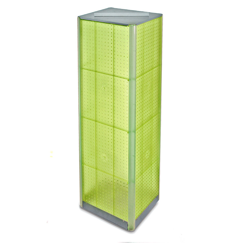 Présentoir de plancher à quatre côtés en panneau perforé sur base pivotante. Support à roulettes. Taille du panneau: l 16 po x H 60 po