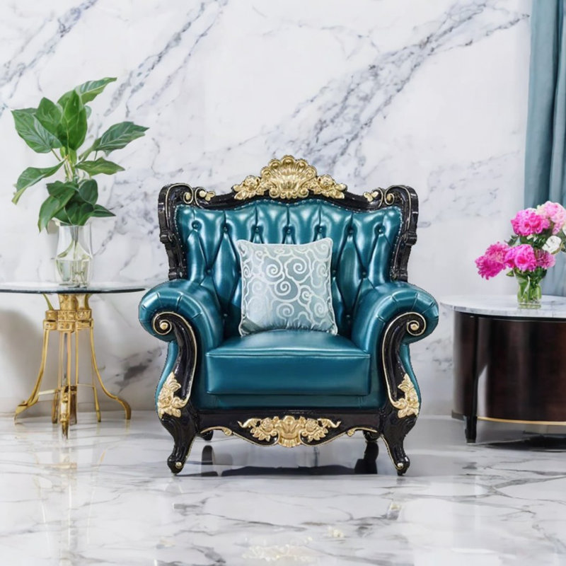 Fauteuil sculpté en cuir massif de style européen avec fauteuil en cuir véritable de 46,4 po de largeur