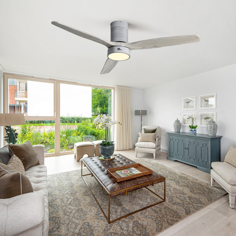 Silver Gray 52'' Solid Wood 3-Blade LED Ceiling Fan with Remote