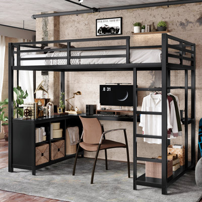 Lit mezzanine en métal avec garde-robe et bureau en forme de L, lit mezzanine simple avec cubes de rangement et tablettes, lit mezzanine pour enfants, adolescents, adultes, noir