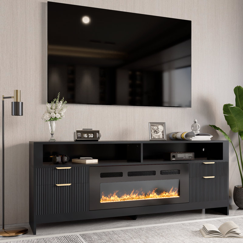 70" Modern Fireplace Tv Stand With Rgb Led Lights, Entertainment Center With Drawers, Cable Management, And Charging Ports For Tvs Up To 80", Black/white
