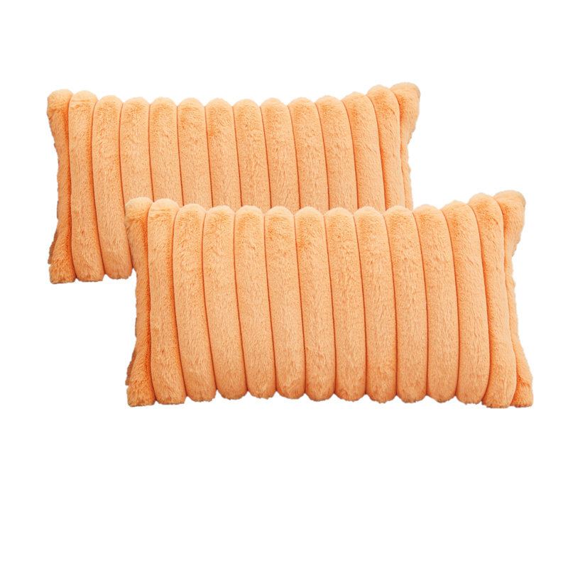 Faux Fur Lines Striped Faux Fur Reversible Pillow Cover, Orange