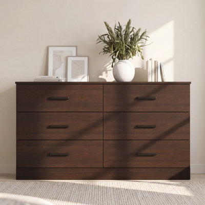 Commode 6 tiroirs de large, commode avec poignées en métal mat, armoire de rangement en bois avec glissières de tiroir lisses, organisateur de vêtements de chambre à grande capacité