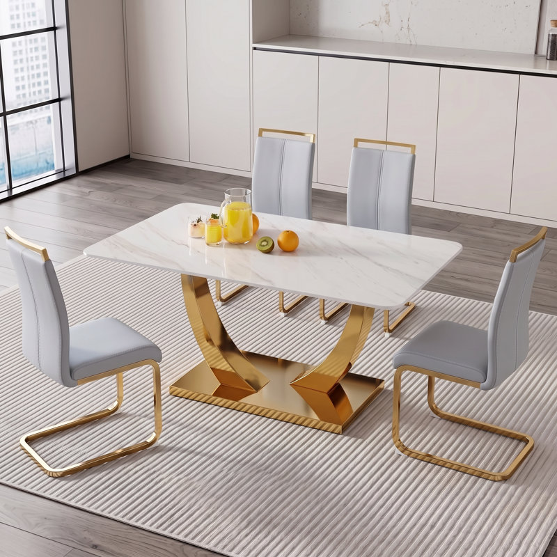 Ensemble de salle à manger 5 pièces Modern Glam, Blanc, Gris clair