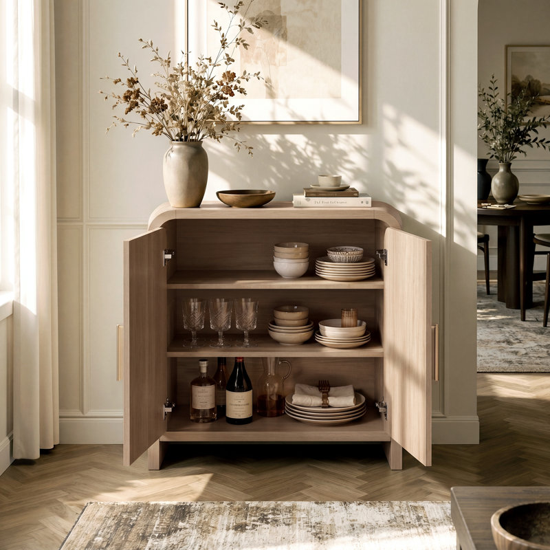 Buffet incurvé de 33 po, buffet moderne avec 2 portes et tablettes réglables, 1-Pack, Naturel