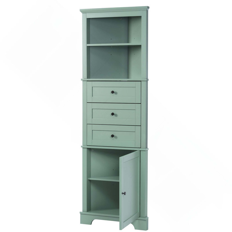 Triangle MDF Board Tall Storage Cabinet With 3 Drawers And Adjustable Shelves For Bathroom, Kitchen Or Living Room, Green
