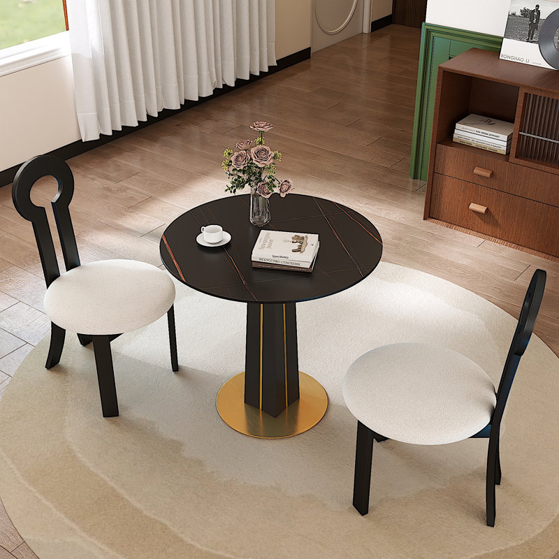 3-Piece Modern Dining Set with 33.5" Round Sintered Stone Top, Black Pedestal Base with Gold Trim & 2 Rubberwood Chairs – Small Space Kitchen & Dining Table Set