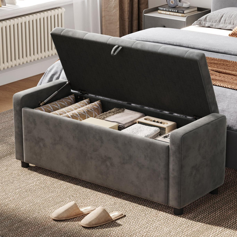 Banc de rangement rembourré capitonné Velet, Gris