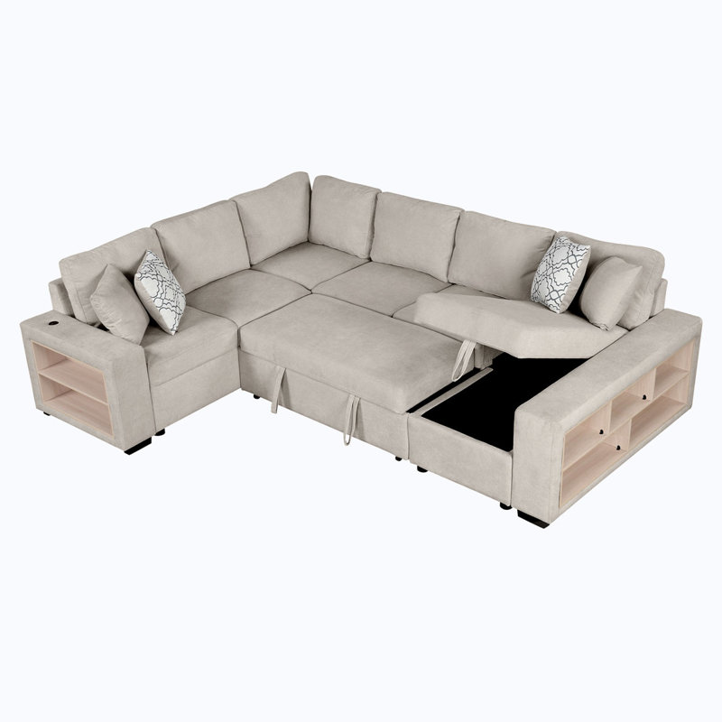 Canapé modulaire en U Toko avec lit escamotable, méridienne / tablette de rangement et ports USB, Chenille beige