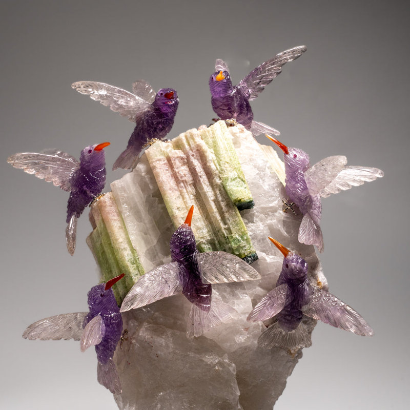 Genuine Hand Carved Fluorite Hummingbirds On A Tourmaline In Quartz Matrix (9"H)