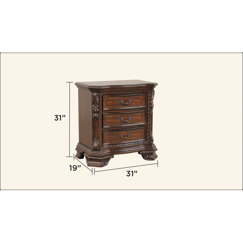 Table de chevet 3 tiroirs de style traditionnel avec des sculptures en bois complexes et une finition riche