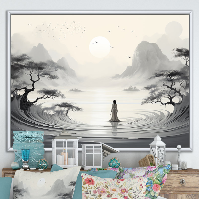 " Zen Garden ", 16" H x 32" W x 1" D, White Floater Framed