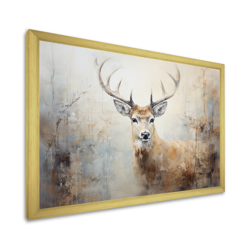Minimalisme beige, portrait de cerf IV - impression sur toile encadrée de cerf, H 24 po x l 32 po x P 1 po, Cadre doré